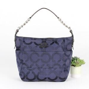 Coach Navy Blue Glitter Signature C Canvas Leather Shoulder Bag